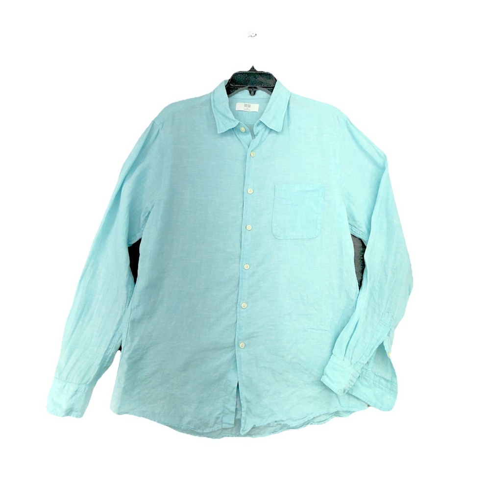 Uniqlo Shirt Men's Blue 100% Linen‎ Button Up Casual Dress Lightweight Medium